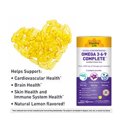 Country Life Omega 3-6-9 label close-up with ingredients and certifications.
