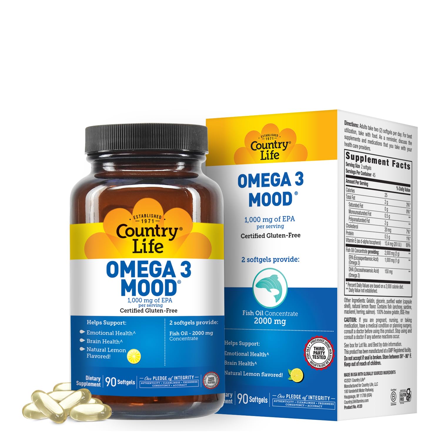 Country Life Omega 3 Mood bottle shows lemon flavor for daily use.