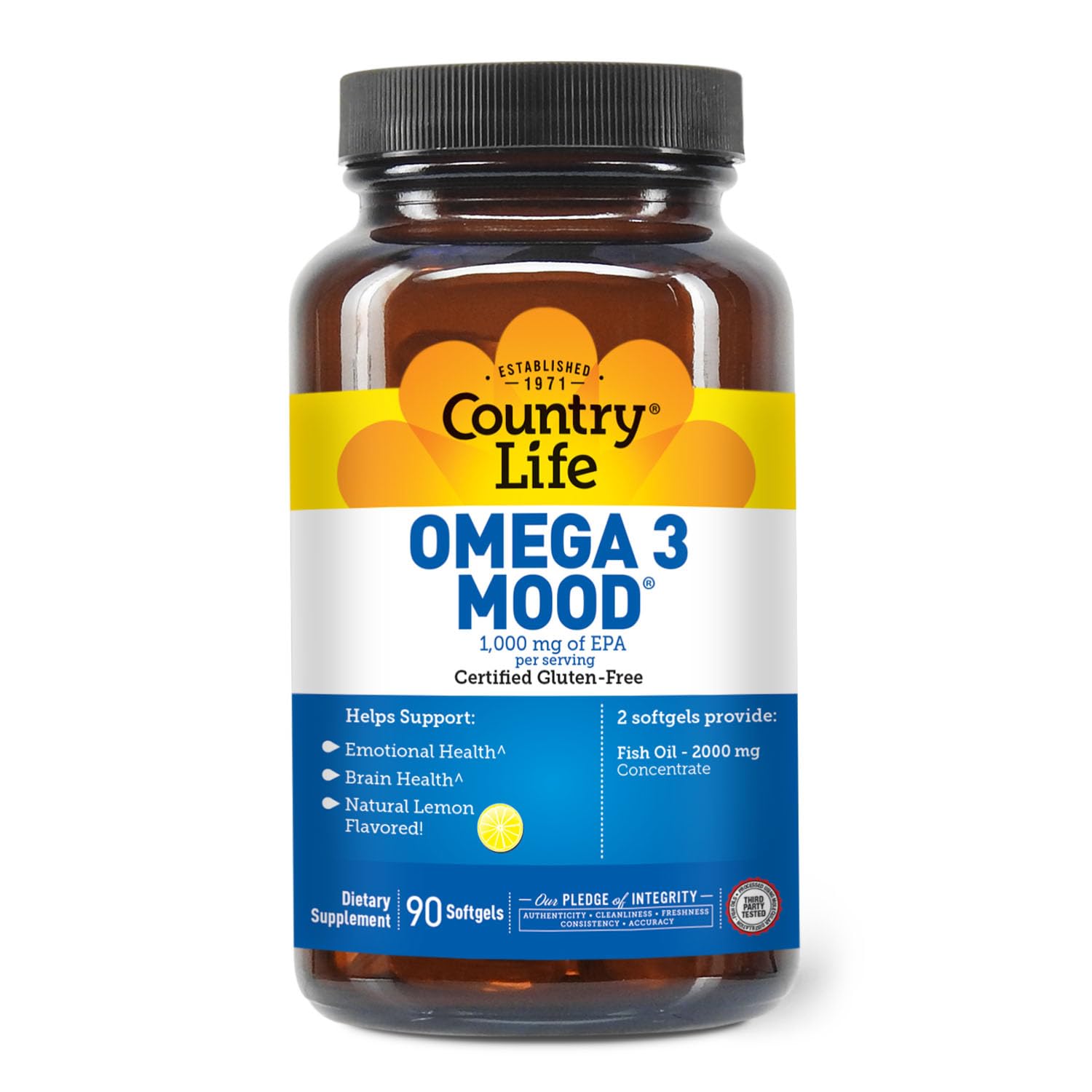 Country Life Omega 3 Mood softgels ready for easy swallowing.