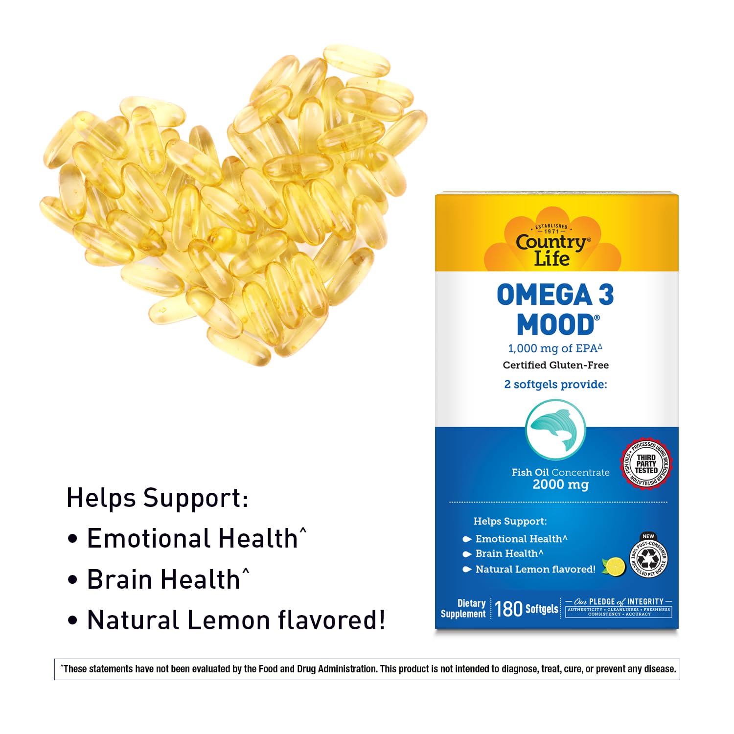 Country Life Omega 3 bottle pouring capsules for easy daily intake.