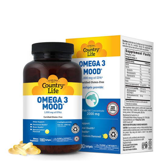 Country Life Omega 3 bottle with lemon flavor for daily mood support.