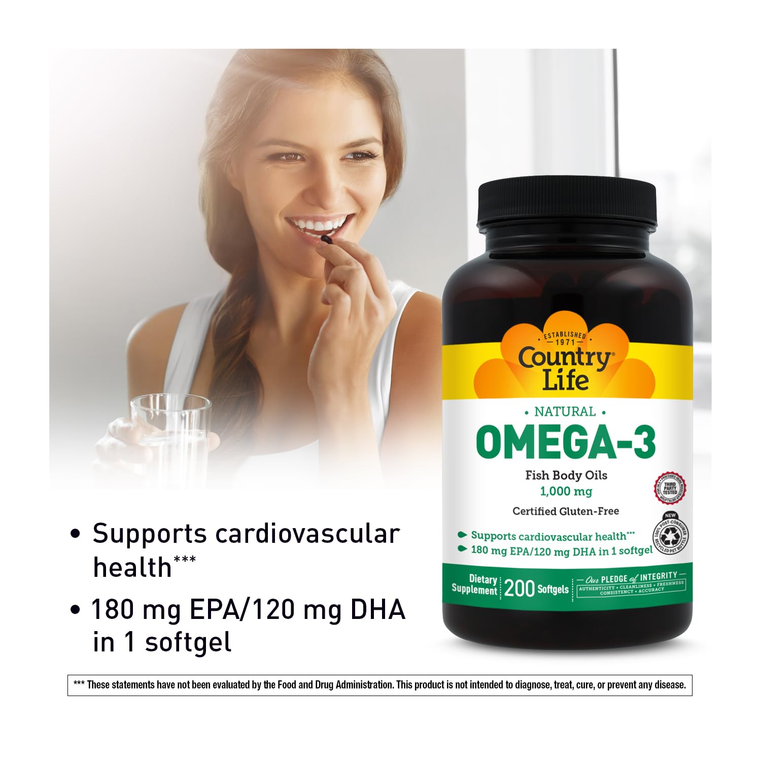 Country Life Omega-3 softgel close-up illustrating smooth texture