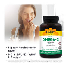Country Life Omega-3 softgel close-up illustrating smooth texture