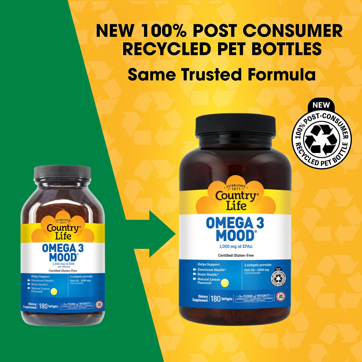 Country Life Omega 3 softgel capsule close-up highlighting high EPA and DHA.