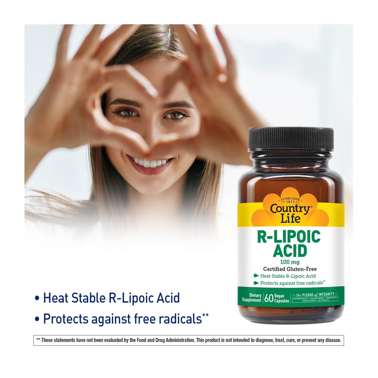Country Life R-Alpha Lipoic Acid Complex bottle back confirms gluten-free vegan composition.
