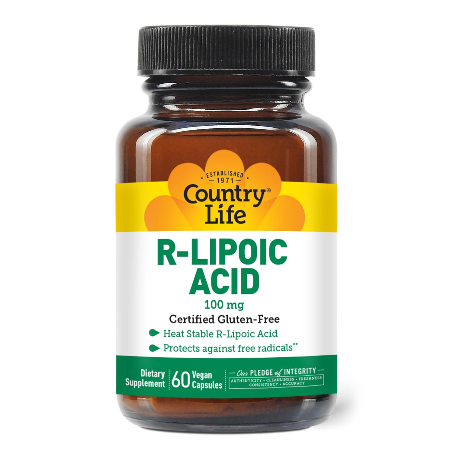 Country Life R-Alpha Lipoic Acid Complex bottle front promotes antioxidant support for daily vitality.