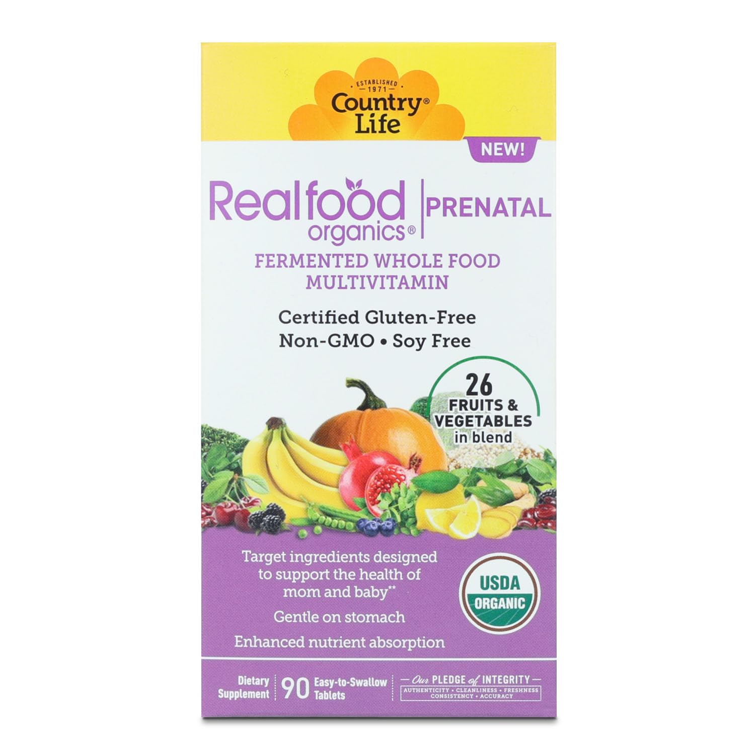Country Life Realfood Organics Prenatal Multi bottle front showing organic nutrients for prenatal support