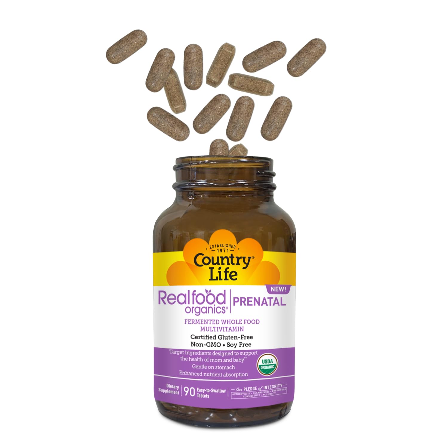 Country Life Realfood Organics Prenatal Multi gluten-free certification badge on packaging