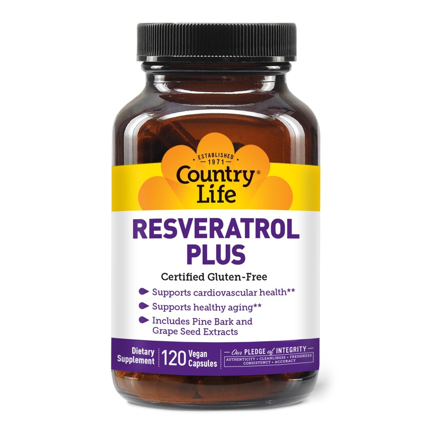 Country Life Resveratrol Plus 1000mg bottle highlights antioxidant blend for daily support.