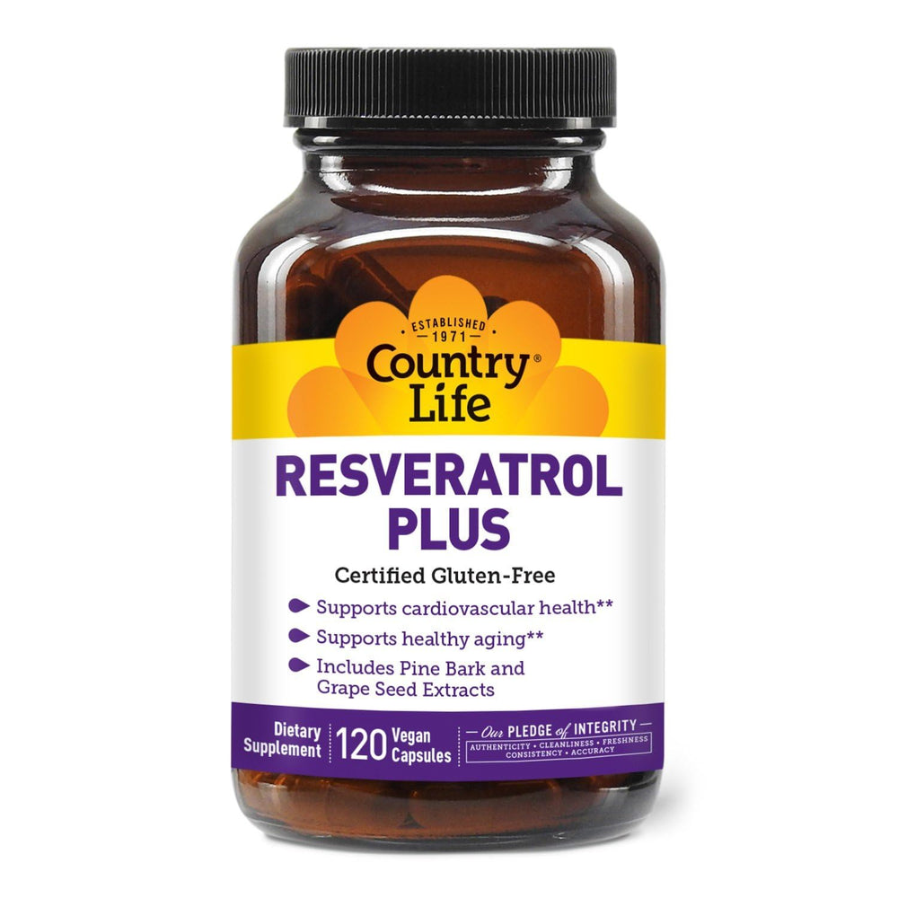 Country Life Resveratrol Plus 1000mg bottle highlights antioxidant blend for daily support.