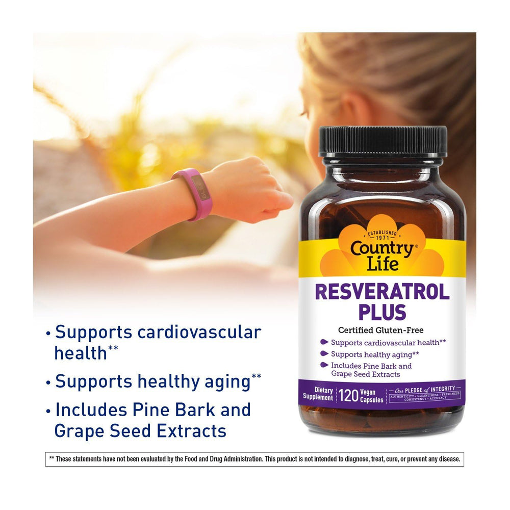 Country Life Resveratrol Plus capsules close-up emphasizes convenient daily capsules.