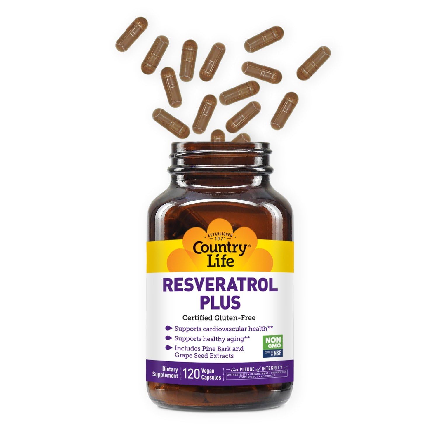 Country Life Resveratrol Plus ingredients label details pine bark and grape seed extracts.