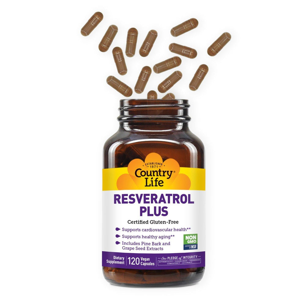Country Life Resveratrol Plus ingredients label details pine bark and grape seed extracts.