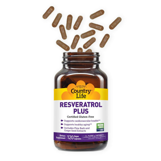 Country Life Resveratrol Plus ingredients label details pine bark and grape seed extracts.