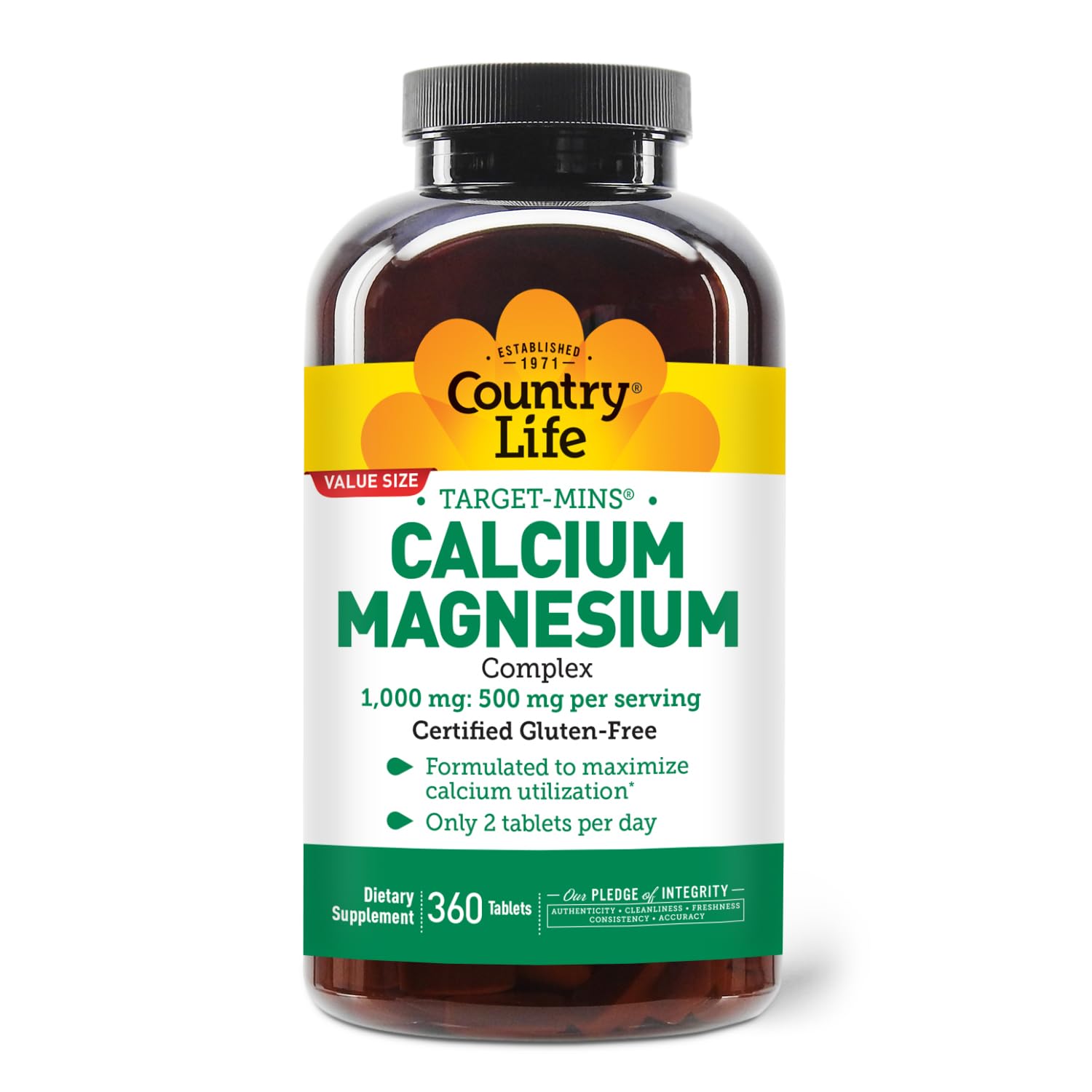 Country Life Target-Mins calcium magnesium bottle label shows 2:1 ratio for calcium utilization.