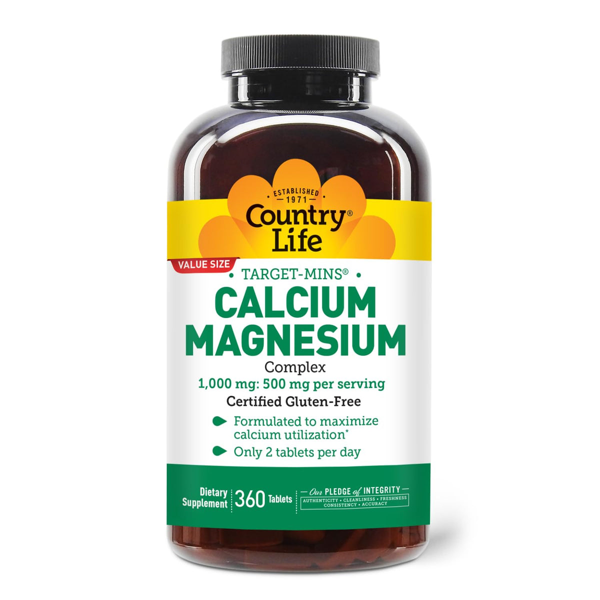 Country Life Target-Mins calcium magnesium bottle label shows 2:1 ratio for calcium utilization.