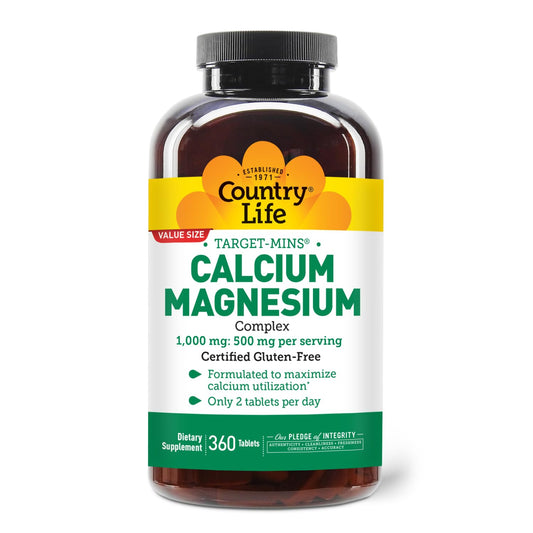 Country Life Target-Mins calcium magnesium bottle label shows 2:1 ratio for calcium utilization.