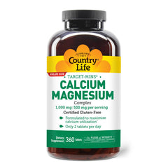 Country Life Target-Mins calcium magnesium bottle label shows 2:1 ratio for calcium utilization.