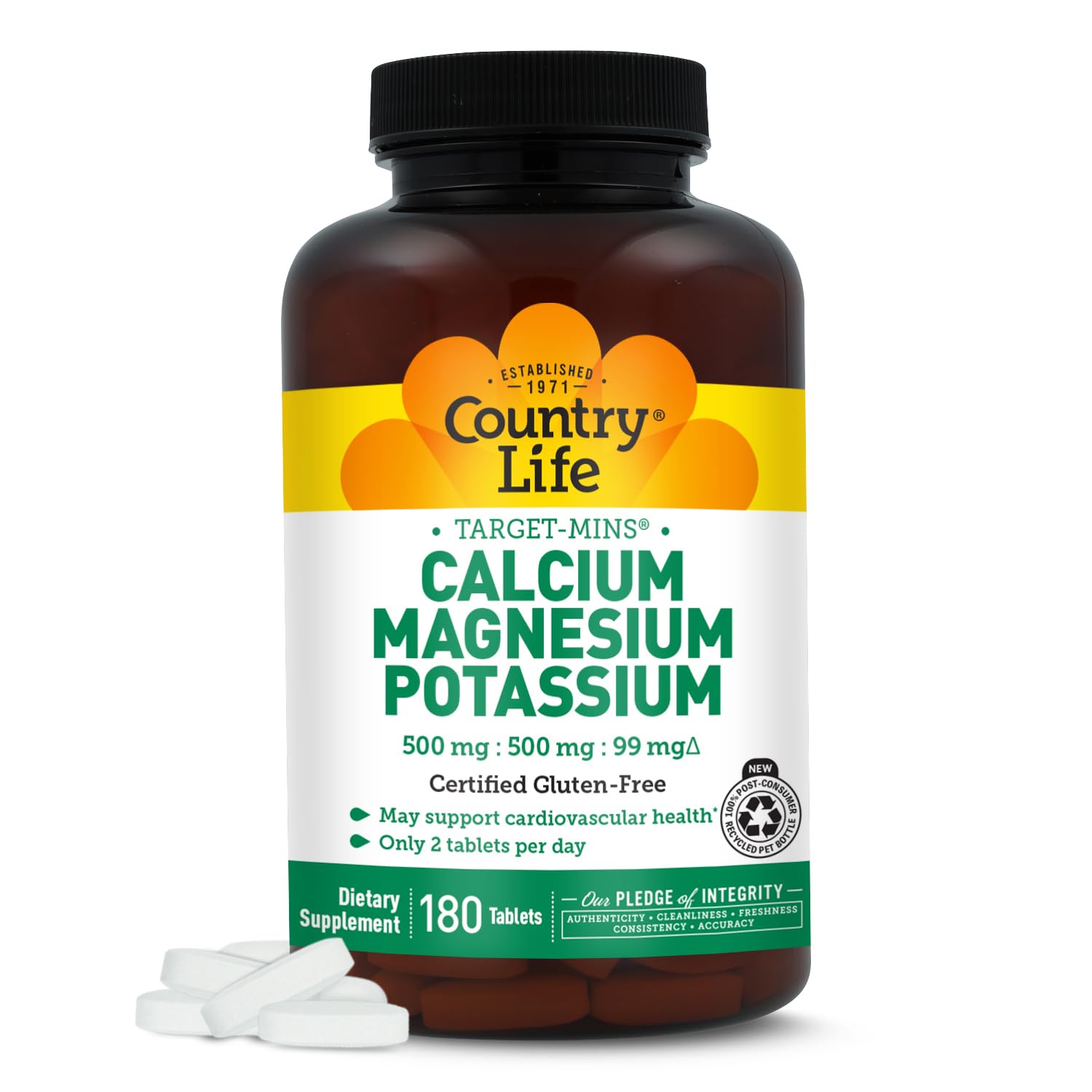Country Life Target Mins bottle highlighting calcium, magnesium, potassium for bone support.