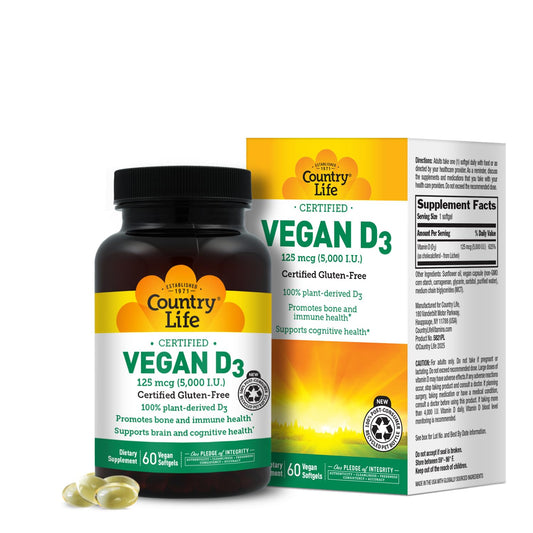 Country Life vegan D3 5000 IU bottle highlighting plant-based vitamin D3 for daily use.