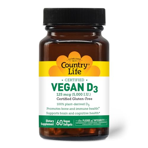 Country Life Vegan D3 5000 IU gluten-free badge emphasizing gluten-free formula.