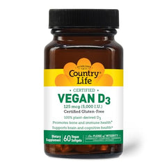 Country Life Vegan D3 5000 IU gluten-free badge emphasizing gluten-free formula.