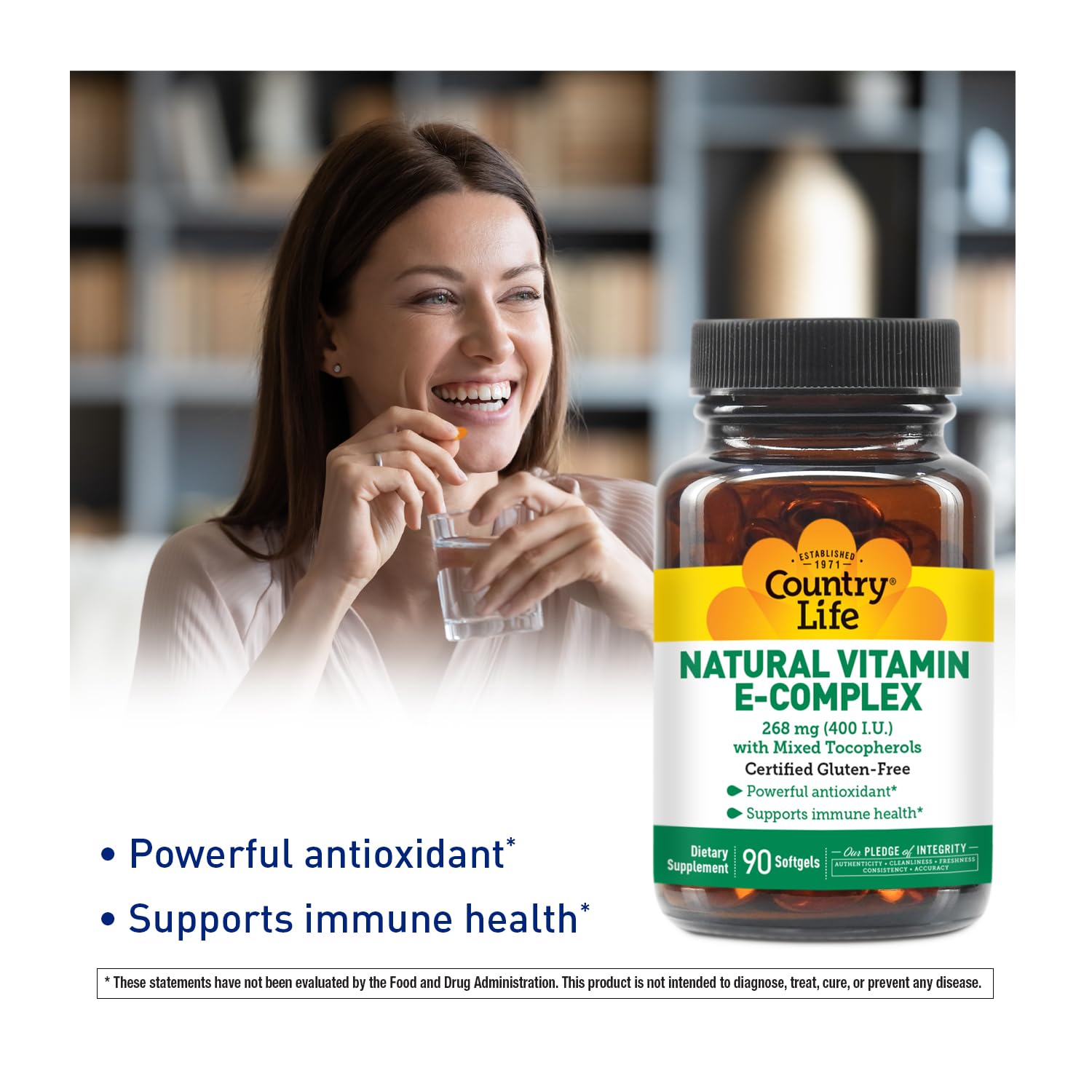Country Life Vitamin E-Complex label close-up highlighting natural mixed tocopherols