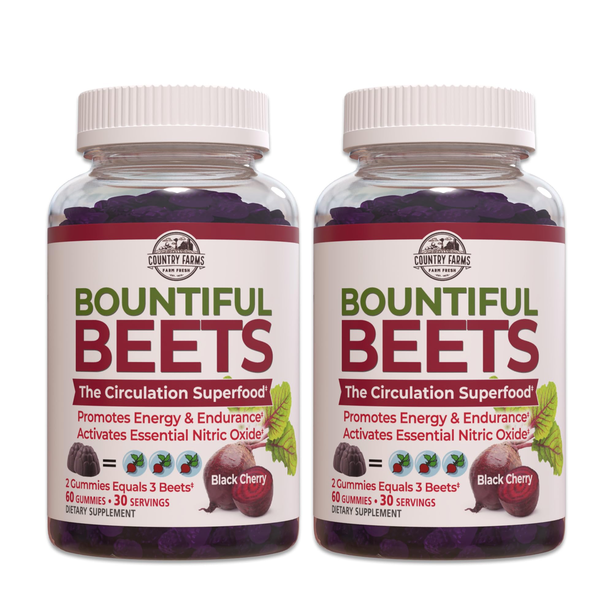 Country Farms Bountiful Beets Gummies two-pack display for daily energy support.
