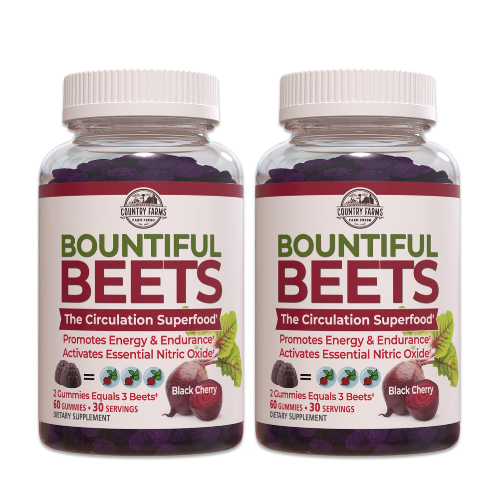 Country Farms Bountiful Beets Gummies two-pack display for daily energy support.