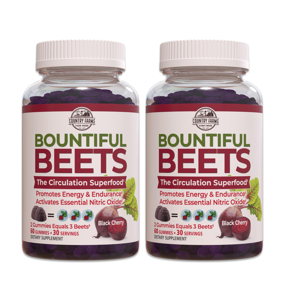 Country Farms Bountiful Beets Gummies two-pack display for daily energy support.