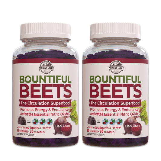 Country Farms Bountiful Beets Gummies two-pack display for daily energy support.