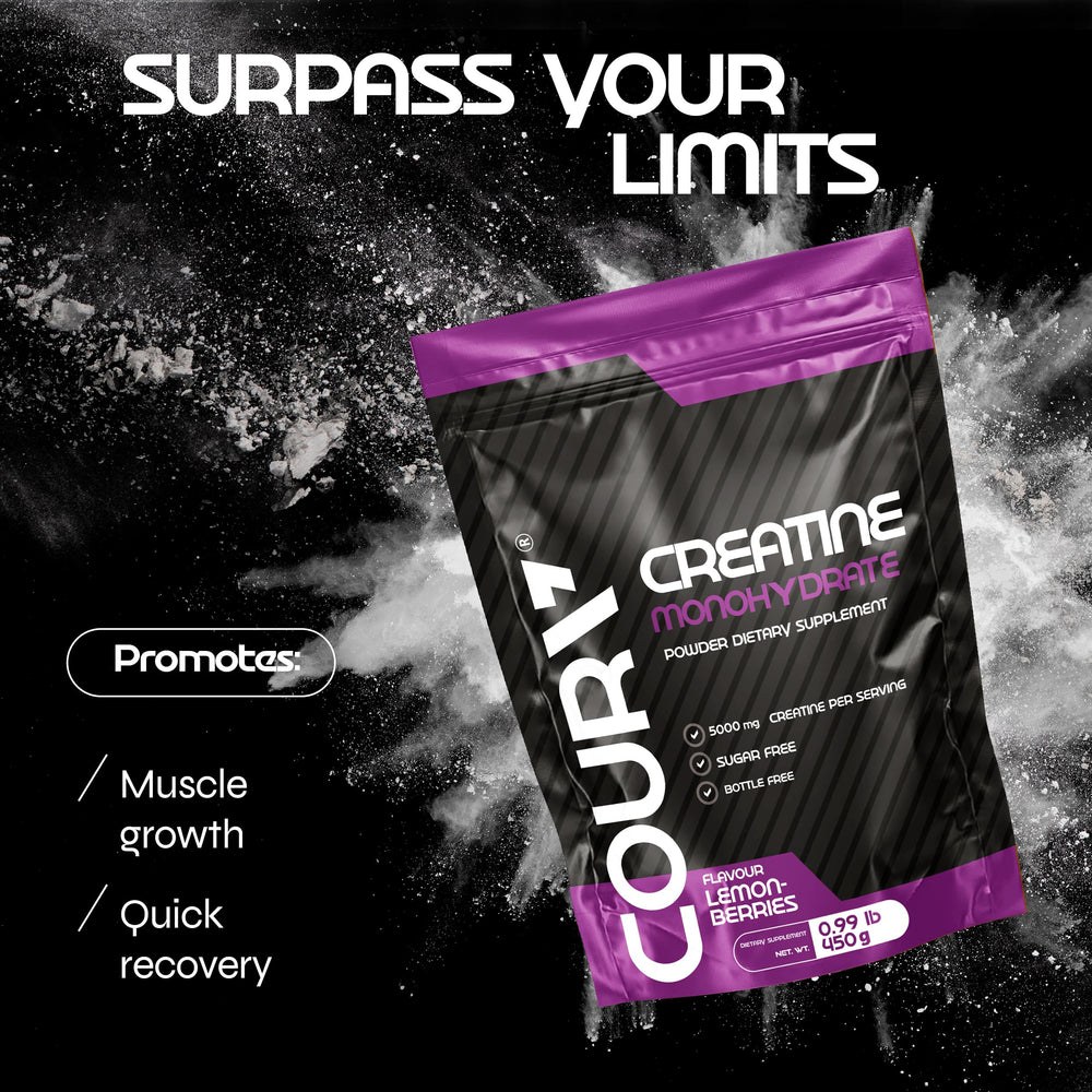 COURA Creatine Monohydrate Lemon-Berries label close-up for ingredients.