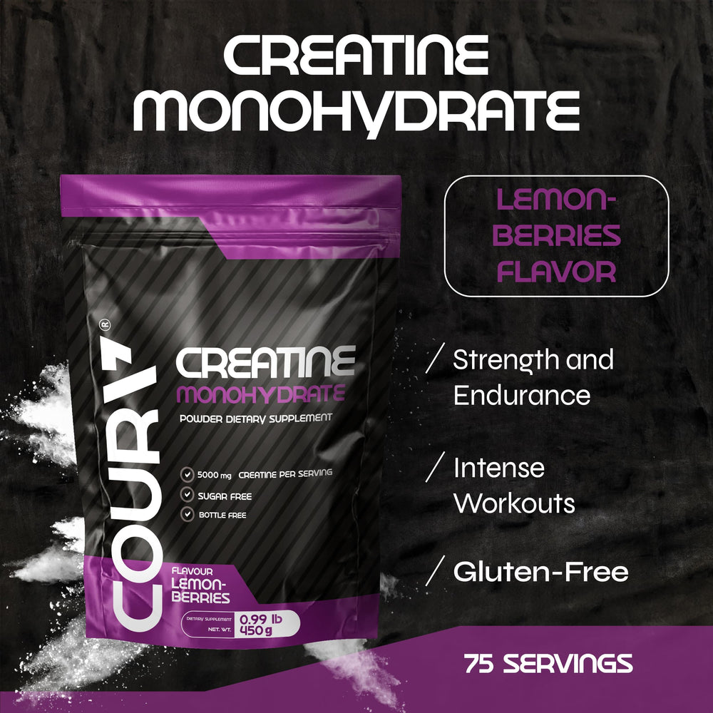 COURA Creatine Monohydrate Lemon-Berries tub highlights clean, mix-ready powder.