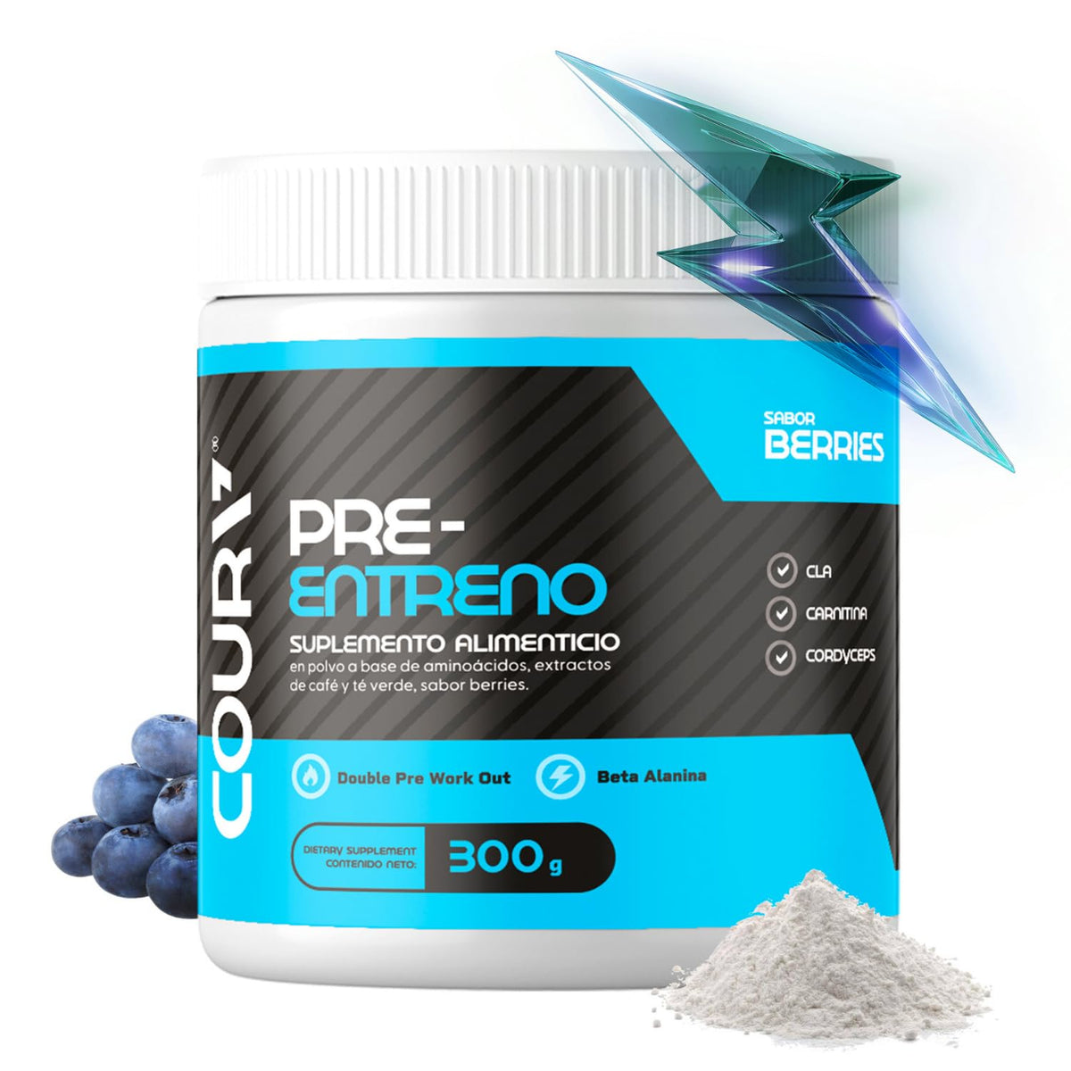 COURA Pre Workout berries bottle indicating energy-boosting performance for workouts