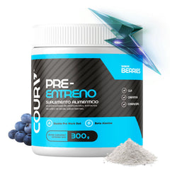 COURA Pre Workout berries bottle indicating energy-boosting performance for workouts