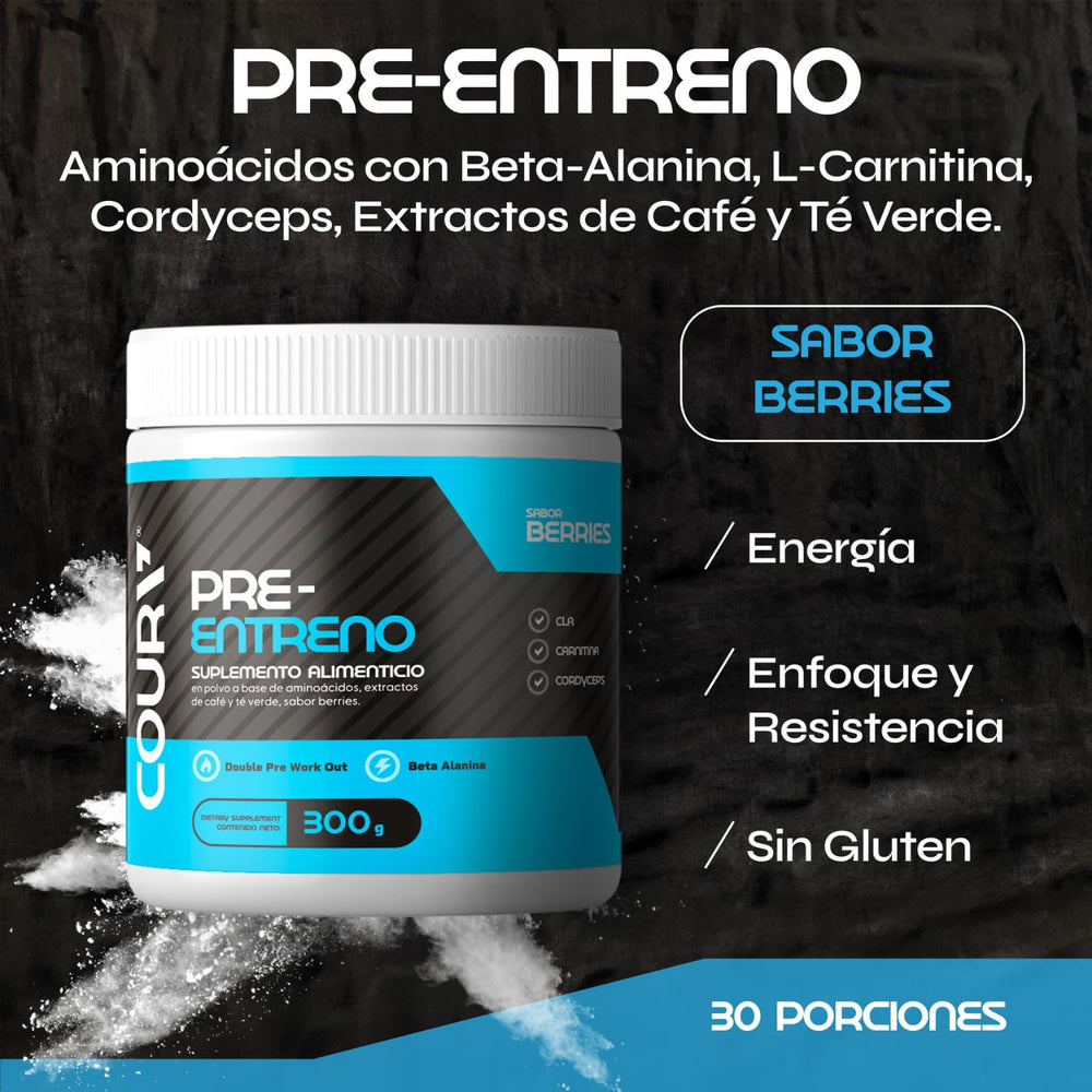 COURA Pre Workout berries label showing gluten-free formula for athletes