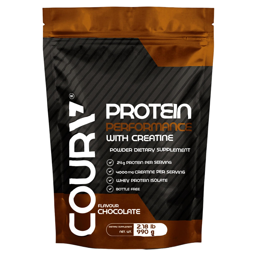 COURA Protein Performance powder chocolate canister for quick, high-protein fueling after workouts