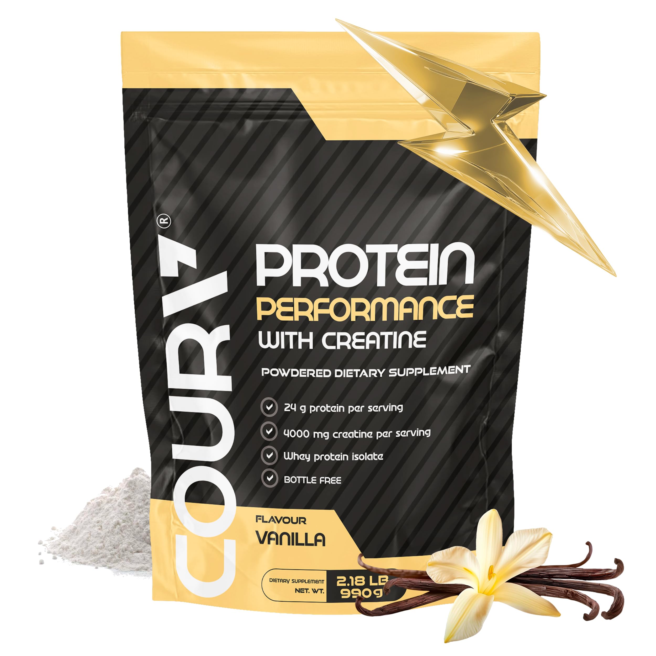 COURA Protein Performance 990g bottle with vanilla flavor for post-workout fueling.