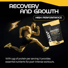 COURA Protein Performance 990g glass shake reveals creamy vanilla texture.