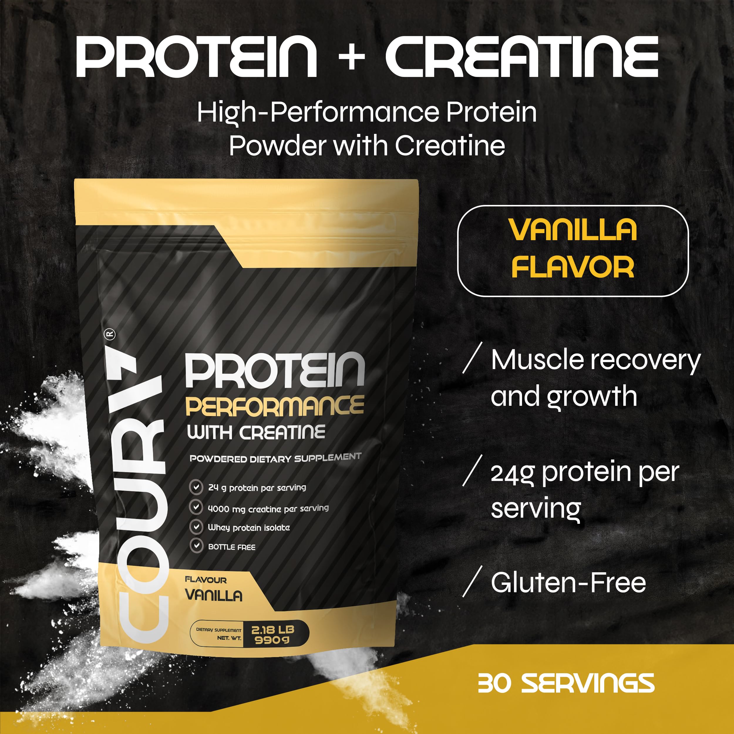 COURA Protein Performance 990g scoop of vanilla shows easy mixing and quick serving.