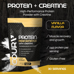 COURA Protein Performance 990g scoop of vanilla shows easy mixing and quick serving.