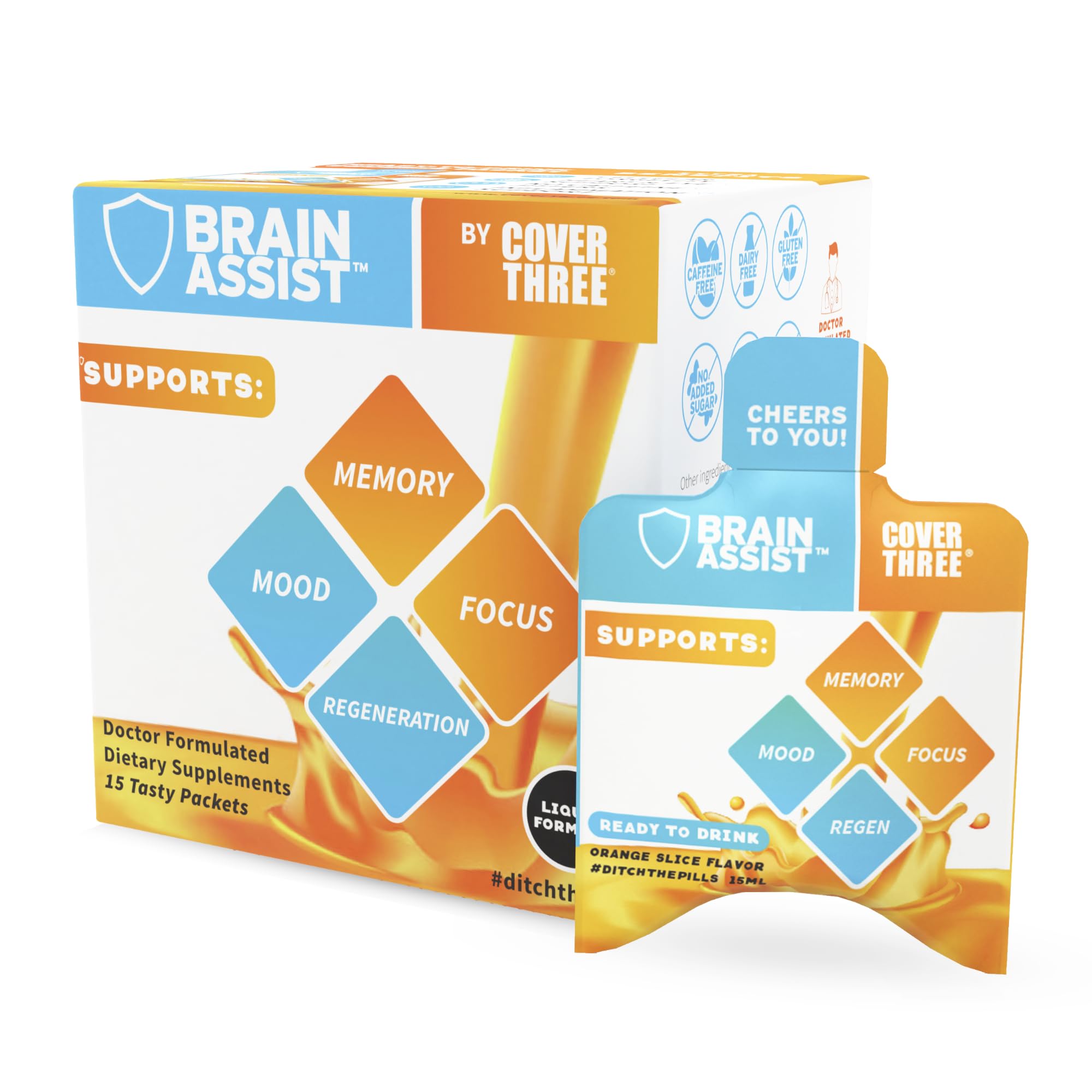 Cover Three Brain Assist bottle being poured for quick focus on the go