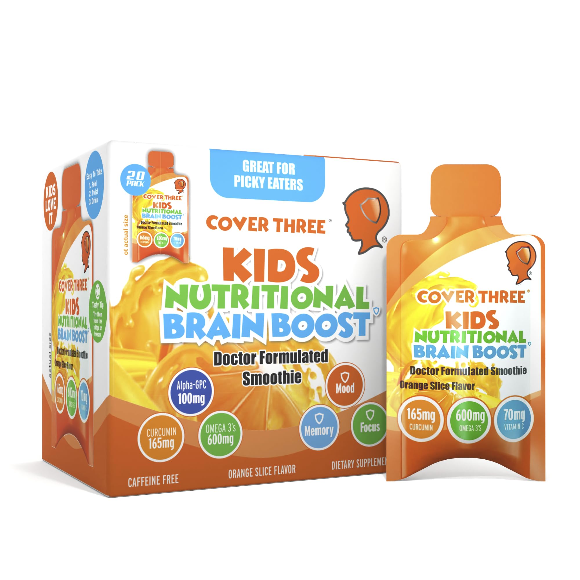 Cover Three Kids Brain Smoothie bottle, ideal for a tasty daily focus routine.