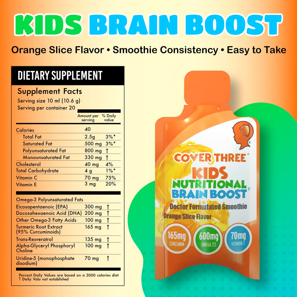 Cover Three Omega-3 Liquid DHA kids, convenient pour for eye and brain support.
