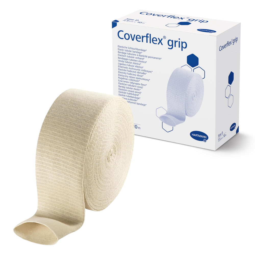 Coverflex Grip tubular bandage on the hand for comfortable, secure support.