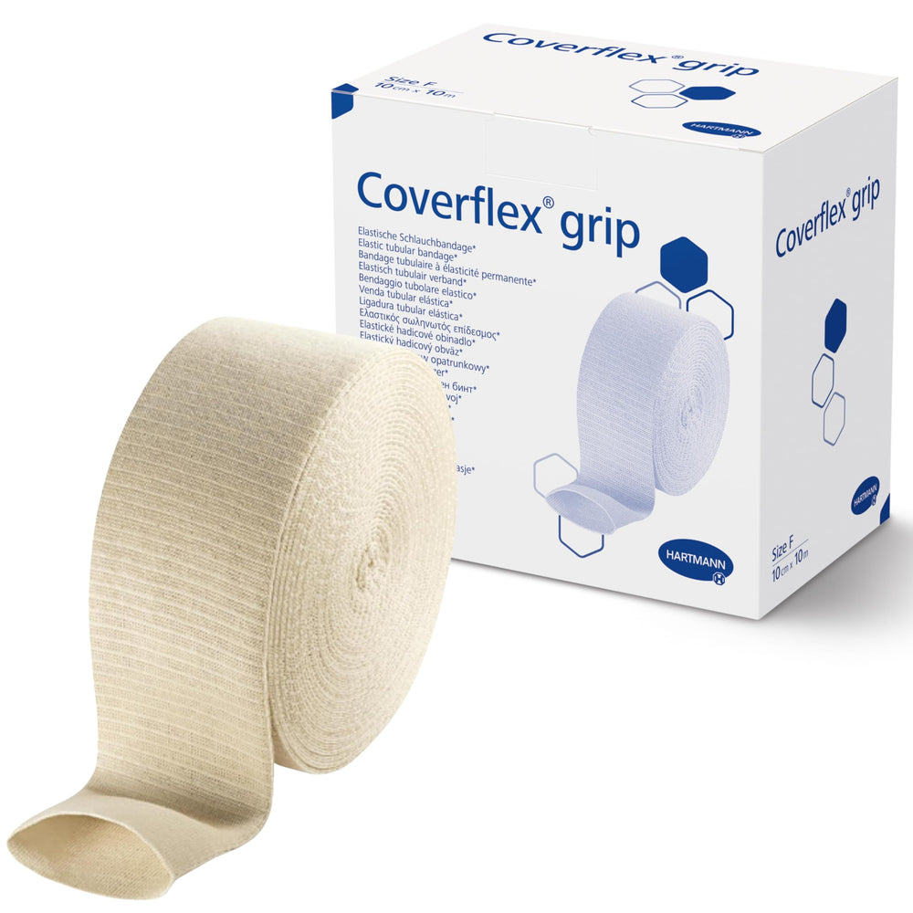 Coverflex Grip knee tubular bandage providing secure, comfortable support during activity.