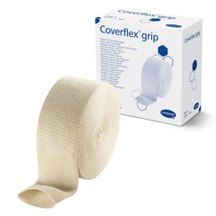 Coverflex Grip Tubular Bandage on the leg and knee offers slip-on comfort with mild compression.
