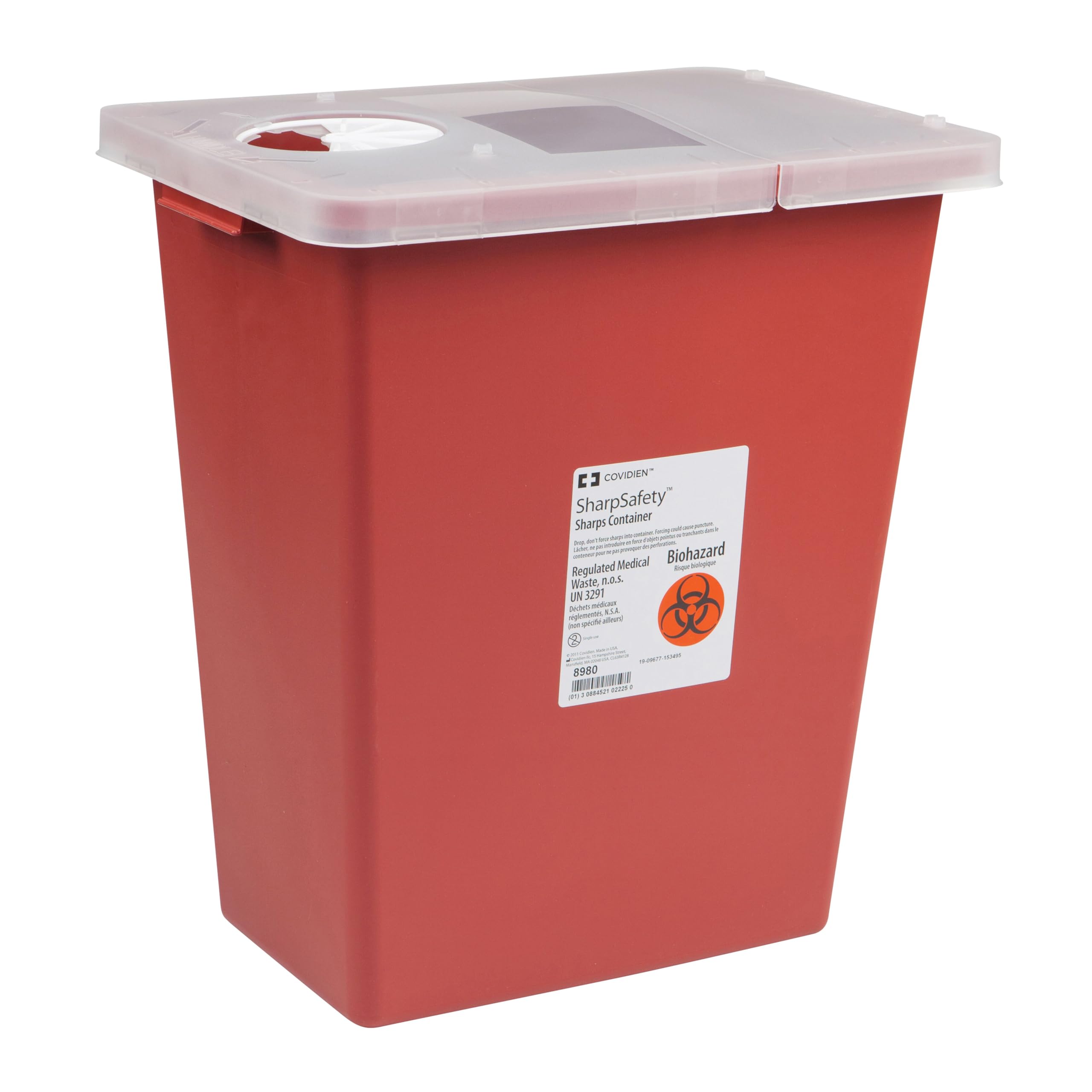 COVIDIEN SharpSafety container with red hinged lid, 12-gallon capacity for safe sharps disposal