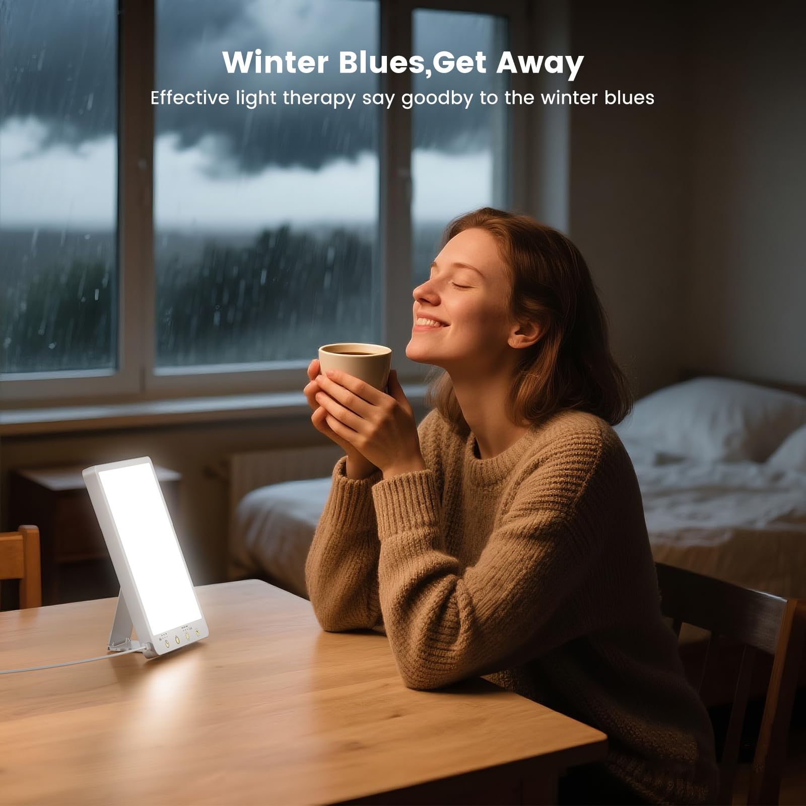 covozon full-spectrum light therapy lamp on a stand for energized mornings