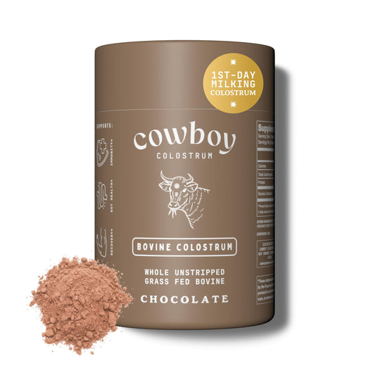 Cowboy Colostrum bottle packaging highlights premium branding and sugar free formula.